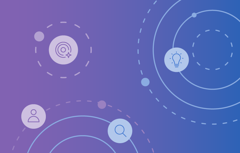 Abstract illustration with AI, search, user, and innovation icons connected by circular patterns.