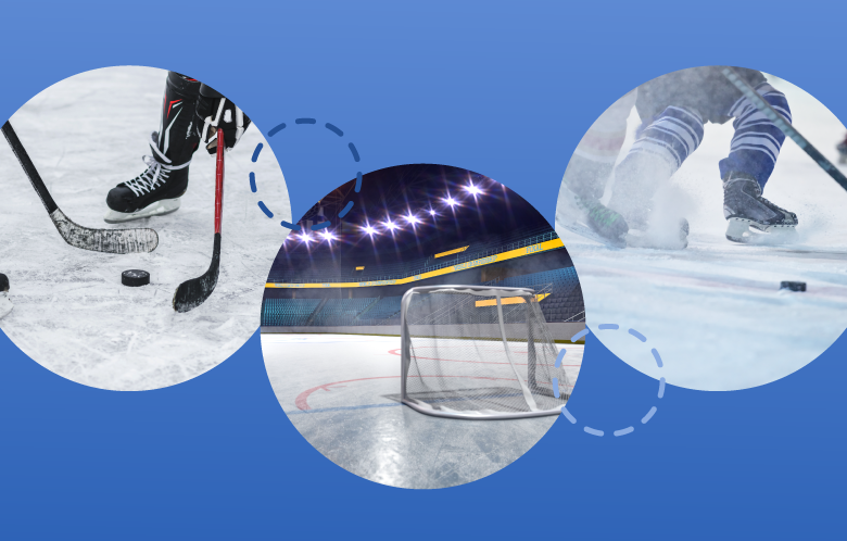 three circle images of hockey pucks, hockey sticks, and a goal