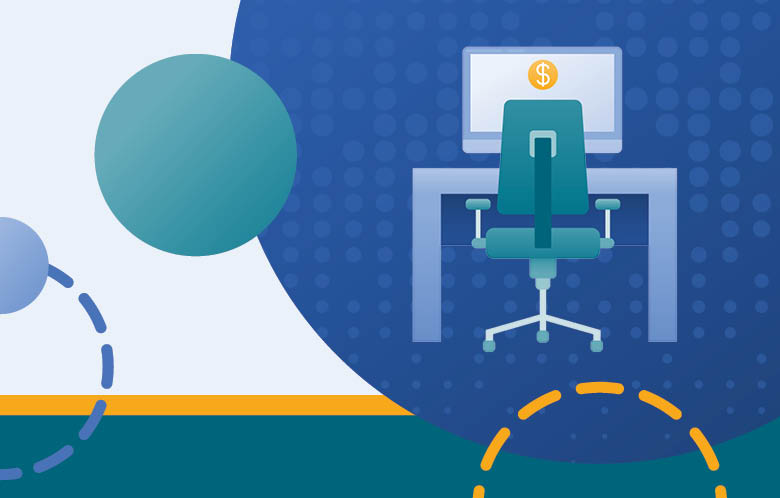 Illustration of computer with money icon, chair and desk with circles