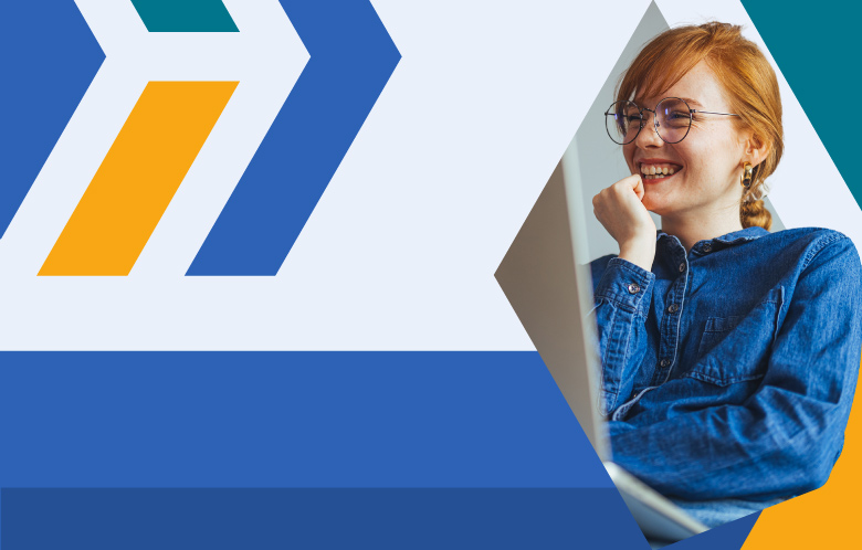 Photo of female wearing glasses with SSD logo icons