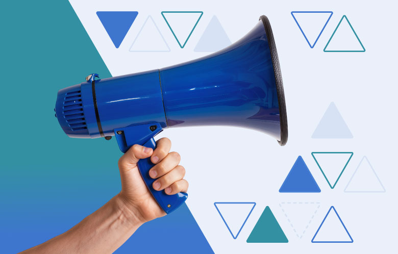 Hand holding a blue megaphone against a blue and light gray background with a pattern of outlined and solid triangles.