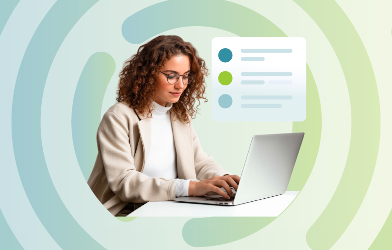 image with green gradient, a woman working on laptop, and an icon of a a browser showing a form