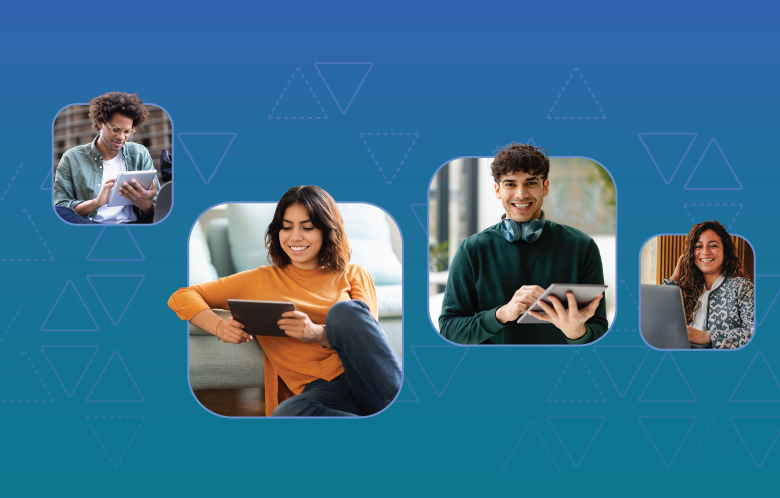 4 people researching on devices with triangles in the background