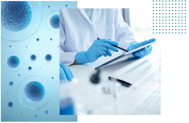 background image of molecules with foreground image of a medical researcher on a tablet