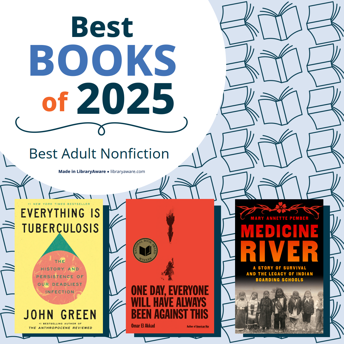 Graphic with a patterned background of open books and a white circle reading “Best Books of 2025 – Best Adult Nonfiction.” Below are three book covers:

Everything Is Tuberculosis by John Green (yellow cover with geometric design).
One Day, Everyone Will Have Always Been Against This by Omar El Akkad (red cover with black text and flame illustration).
Medicine River by Mary Annette Pember (black cover with historical photo and orange text).