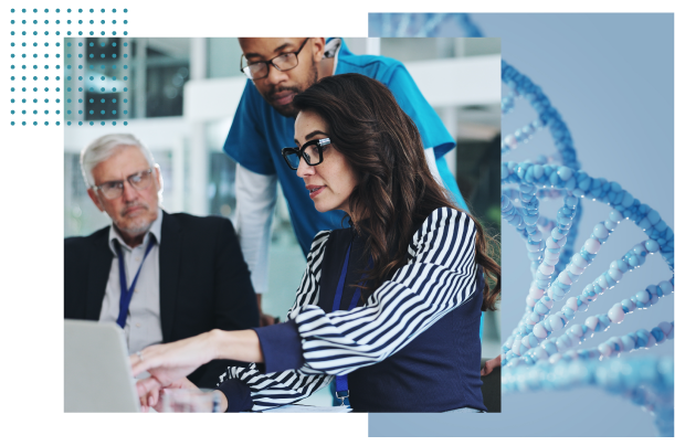 background image of DNA with foreground image of medical leaders