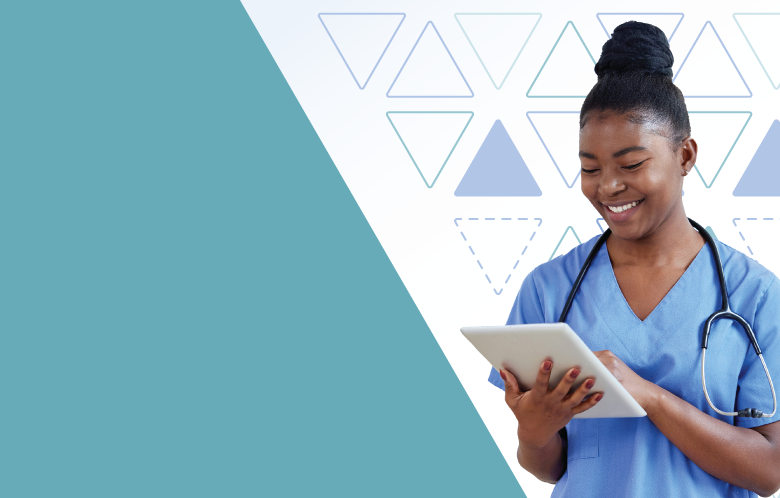 Nurse in blue scrubs using a tablet