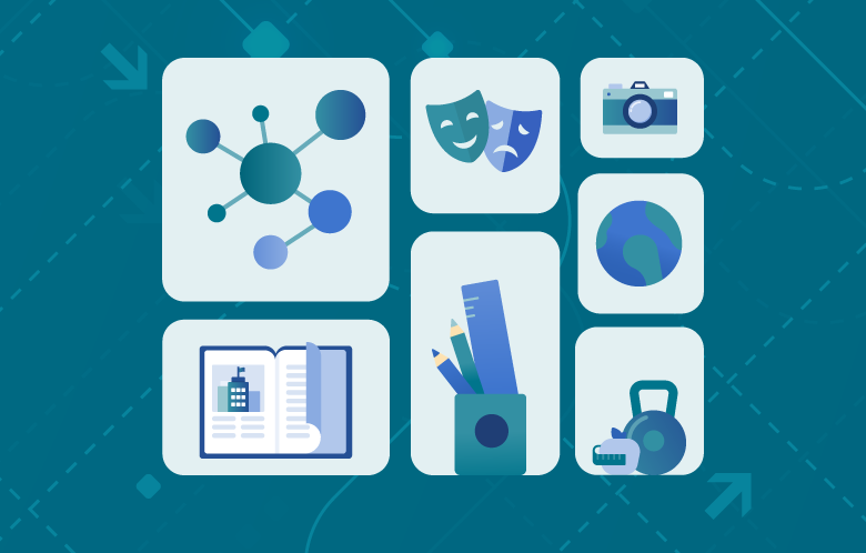 illustration showing different subjects including science, theater, photography, fitness, geography and more