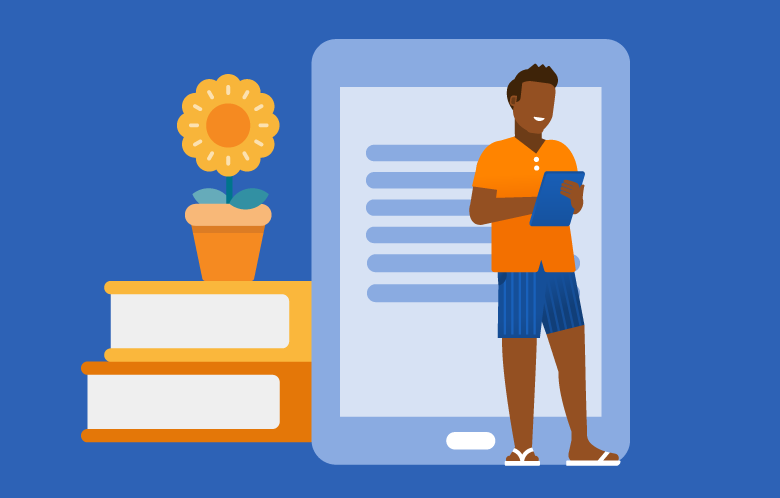 illustration of person reading book on tablet with a stack of books and a flower next to him