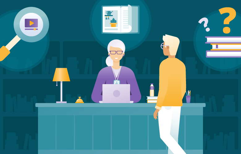 Illustration of female librarian talking to male surrounded by 3 icons of video in magnifying glass, gardening magazine and books with questions marks