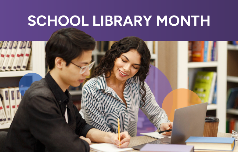 "School Library Month" Librarian helping a student