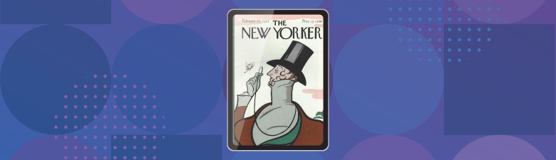 The New Yorker cover in a tablet with circle square pattern in the background