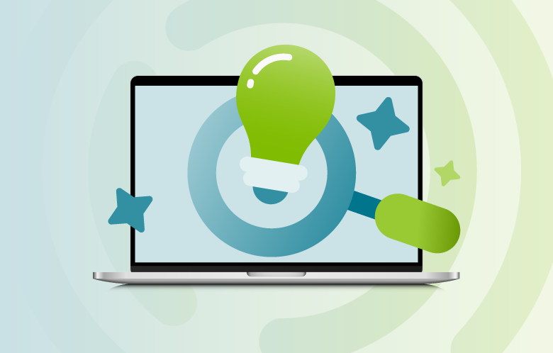 Ilustration of a lightbulb and magnifying glass over a laptop