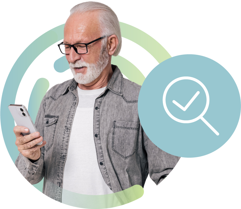 Woman holding a mobile device with a circular pattern behind. Icon of a checkmark in a magnifying glass