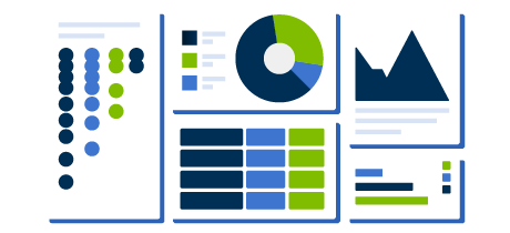 illustration of analytics in a dashboard format with pie charts and graphs