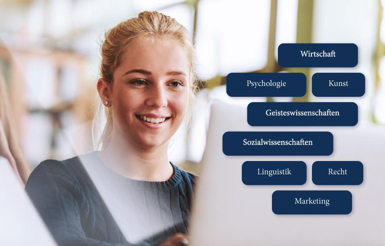 Female student looking at laptop surrounded by German words
