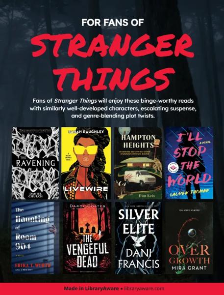 Book flyer for "For Fans Of Stranger Things", including 6 book jackets of read-alikes.