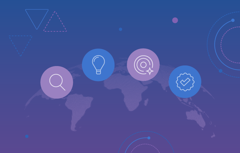 World globe with icons representing search, lightbulb, AI, and a checkmark
