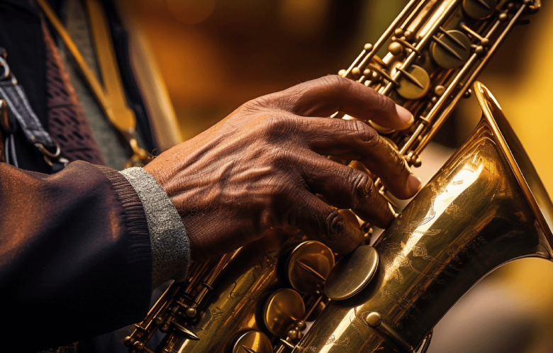 Close-up of a jazz musician playing a saxophone 