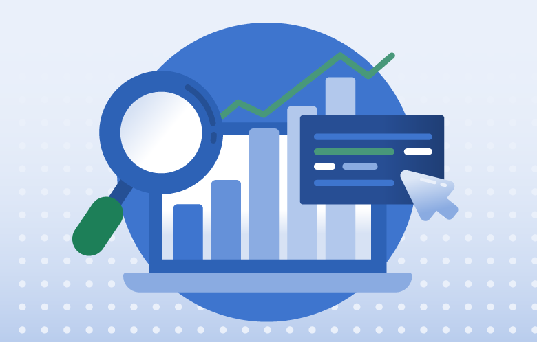 Illustration of laptop, charts and magnifying glass