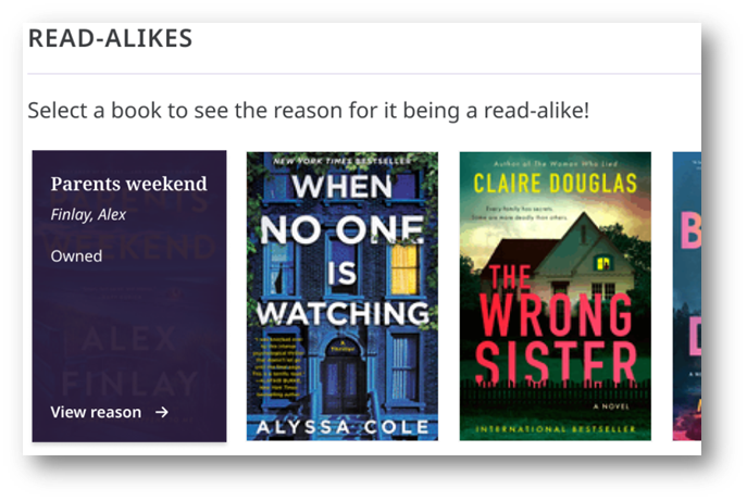 Screenshot of part of the read-alikes carousel in NoveList Plus.