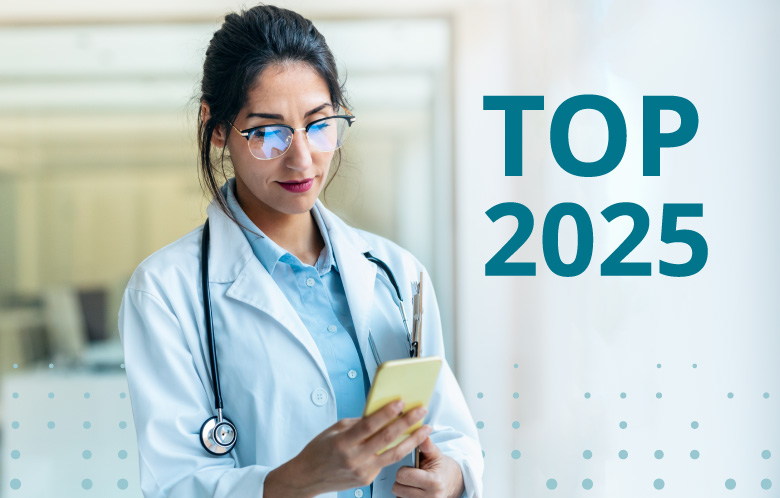 Top 2025. Clinician on a mobile phone with a dot pattern