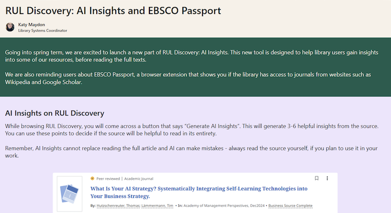 a screenshot of AI Insights and EBSCO Passport at Regents University