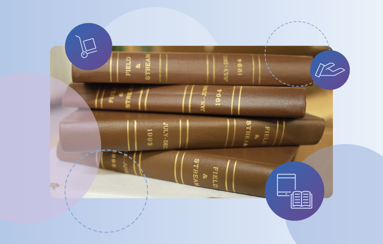 image showing a stack of old books with icons that represent preservation