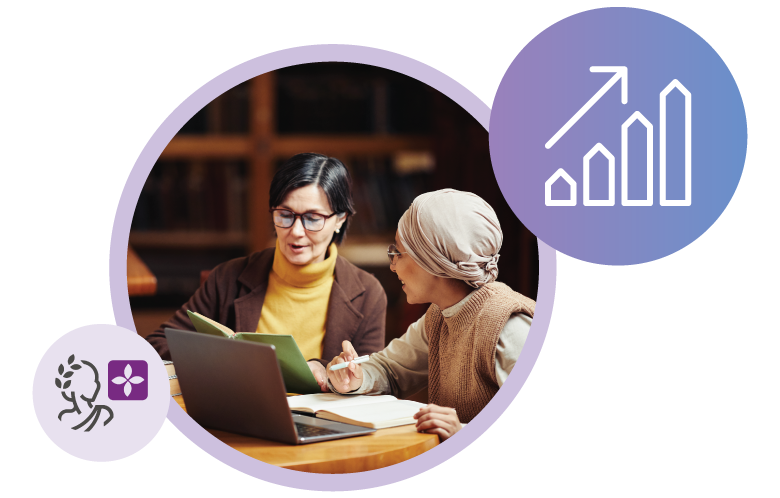 image of two women in a library with laptop, OpenAthens Compass logo, and graph icon