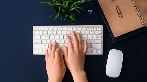 Photo of hands typing on a keyboard with notebook and plant on the desk