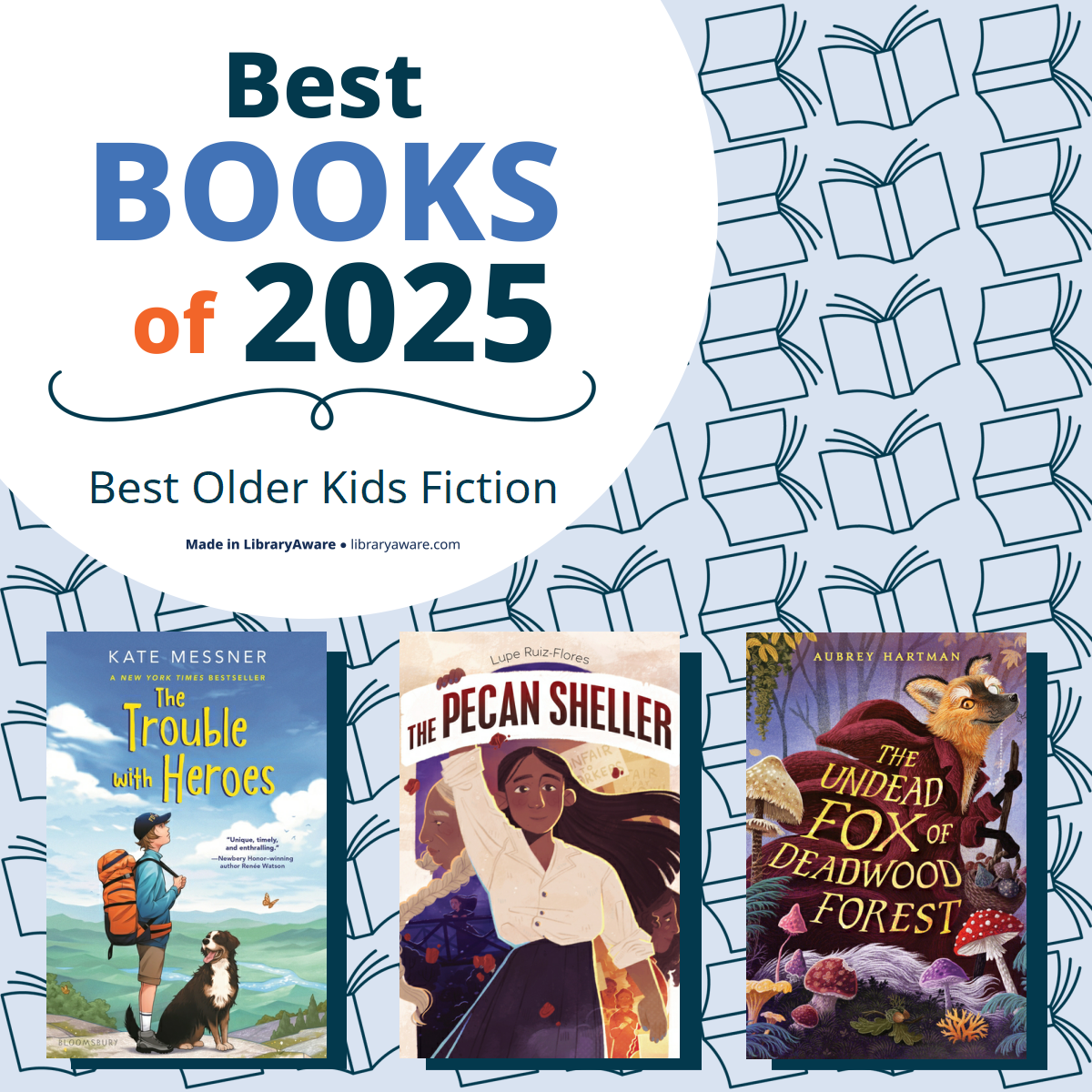 Graphic with a patterned background of open books and a white circle reading “Best Books of 2025 – Best Older Kids Fiction.” Below are three book covers:

The Trouble with Heroes by Kate Messner (cover shows a person with a backpack and a dog in a scenic outdoor setting).
The Pecan Sheller (cover shows a person holding pecans with a bold title).
The Undead Fox of Deadwood Forest by Aubrey Hartman (cover with a fox in a dark forest surrounded by mushrooms).