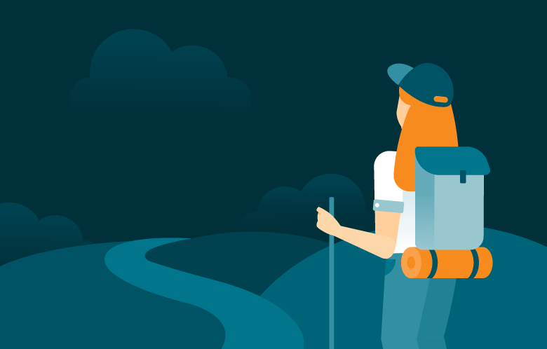 an illustration of a backpacking student on a hike