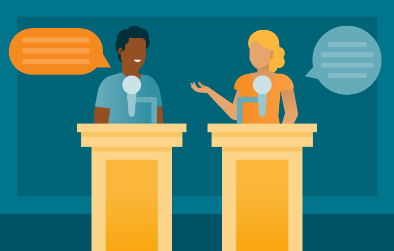 2 people standing behind podiums debating