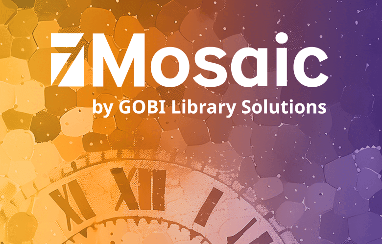 Mosaic logo on top of a  mosaic pattern with a clock in the bottom