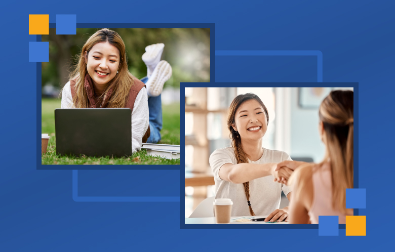 Before and after of an Asian female student looking at her laptop outdoors while laying on the grass and then shaking hands in an interview