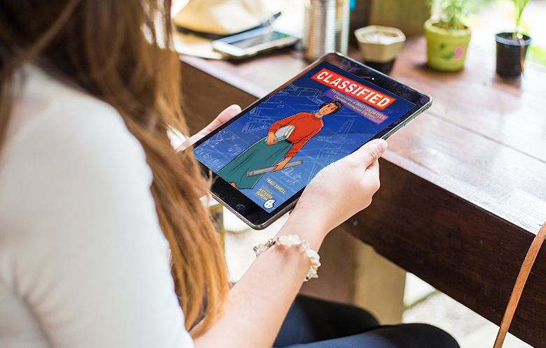 woman viewing graphic novel on a tablet