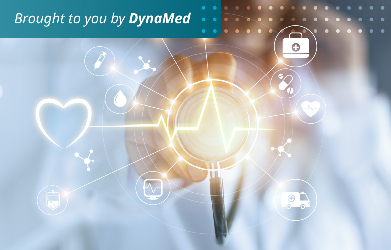 (Brought to you by DynaMed) Image of a clinician holding a stethoscope up with healthcare icons around it