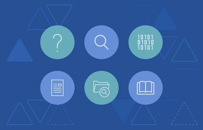 Illustration of six icons representing questions, search, data, documents, information discovery and reading