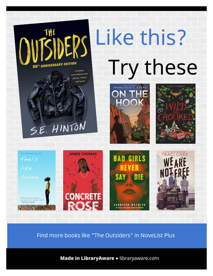 Promotional poster recommending read-alikes for "The Outsiders" by S.E. Hinton. At the top is the 50th Anniversary Edition cover of "The Outsiders," featuring a black leather jacket. Below it, text reads: "Like this? Try these." Six book covers are displayed: "On the Hook" by Francisco X. Stork, "Wild and Crooked" by Leah Thomas, "Feels Like Home" by e.E Charlton-Trujillo, "Concrete Rose" by Angie Thomas, "Bad Girls Never Say Die" by Jennifer Mathieu, and "We Are Not Free" by Traci Chee. The bottom text says: “Find more books like ‘The Outsiders’ in NoveList Plus.” The poster is branded with “Made in LibraryAware” and the website libraryaware.com.