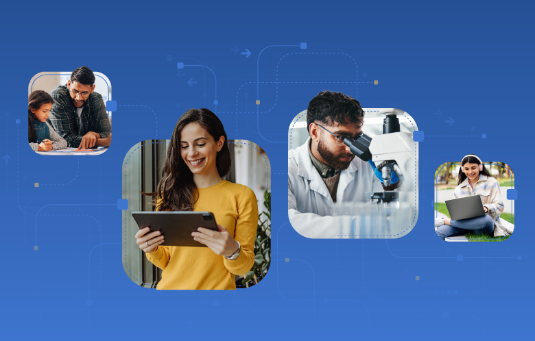 Line and dot connection pattern with images representing job fields in Business, Science, Research, and Education