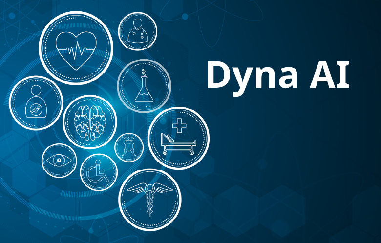 gradient blue background with various health and hospital icons and Dyna AI logo on the right