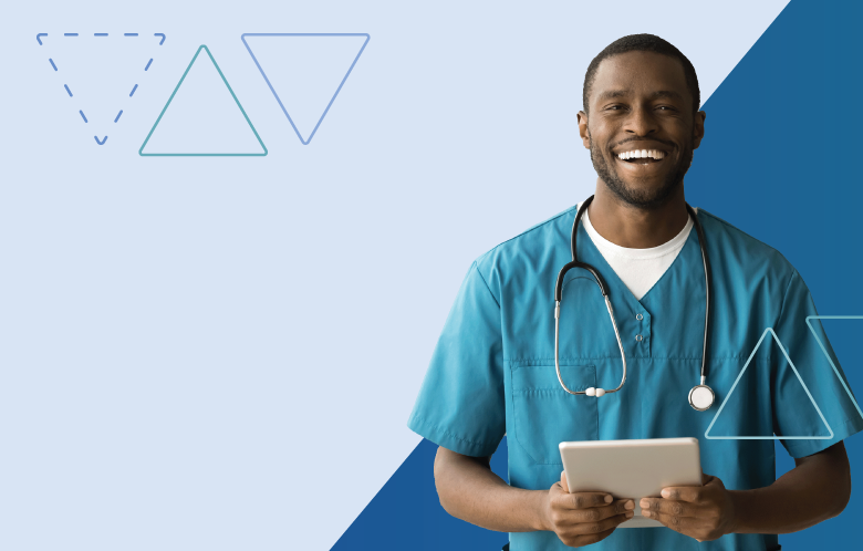 nurse smiling and holding a tablet against a blue geometic background