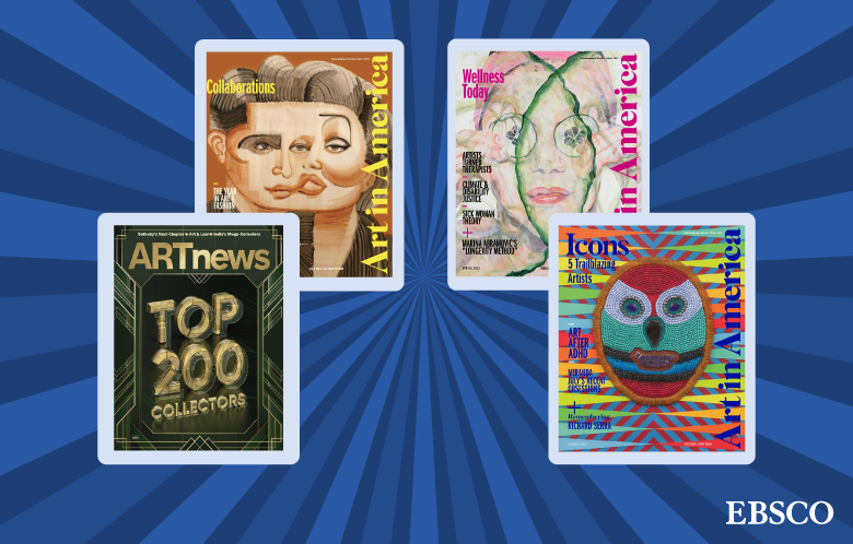 different magazine covers from ARTnews and Art in America on a pop art background