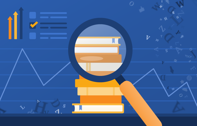 Illustration of a magnifying glass and stack of books, surrounded by charts, a survey and floating letters