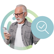 older male looking at phone with icon of a magnifying glass and check mark next to him