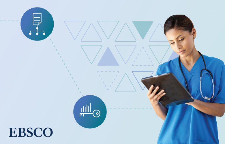 nurse holding tablet with keyword and subject/heading icons on triangle patterned background