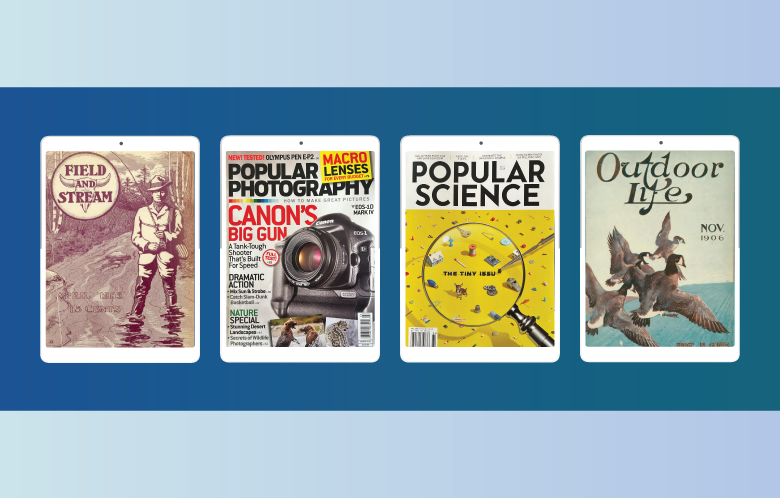 Field & Stream, Popular Photography, Popular Science, Outdoor Life covers