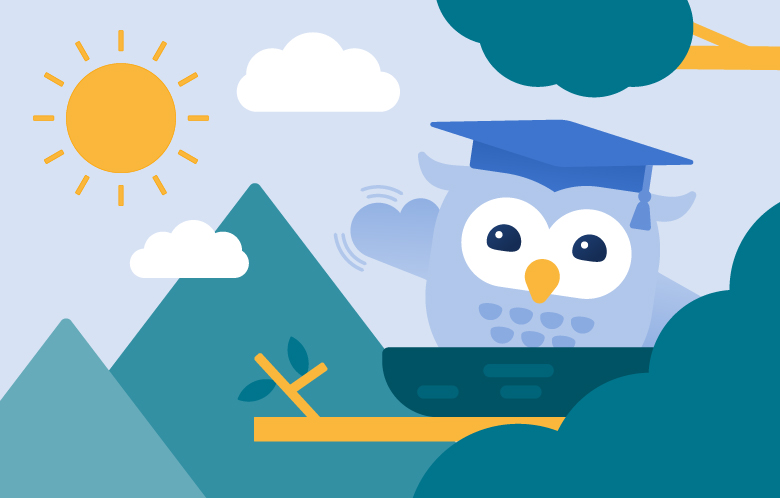 Ebby the owl waving while sitting in a nest in a tall tree on a sunny day