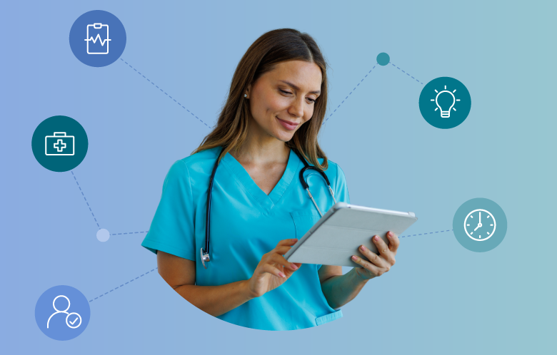 nurse looking at tablet with icons that represent PICOT around her