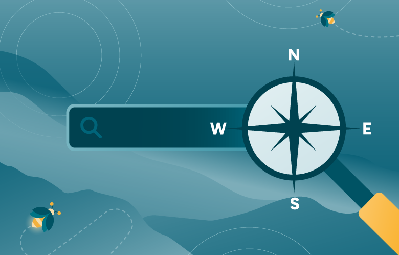 Illustration of a search bar with an oversized compass, fireflies and mountains in the background